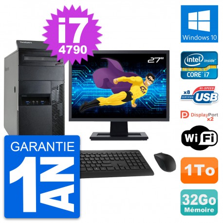 PC Tour Lenovo M93p Ecran 27" Intel i7-4790 RAM 32Go Disque 1To Windows 10 Wifi