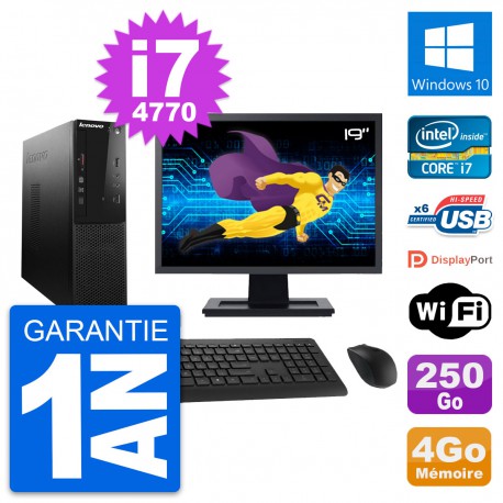 PC Lenovo S500 SFF Ecran 19" Intel i7-4770 RAM 4Go Disque 250Go Windows 10 Wifi