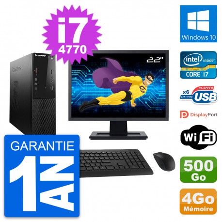 PC Lenovo S500 SFF Ecran 22" Intel i7-4770 RAM 4Go Disque 500Go Windows 10 Wifi