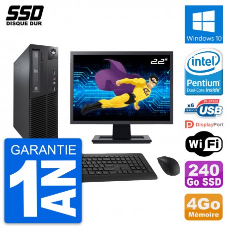 PC Lenovo M73 SFF Ecran 22" Intel G3220 RAM 4Go SSD 240Go Windows 10 Wifi