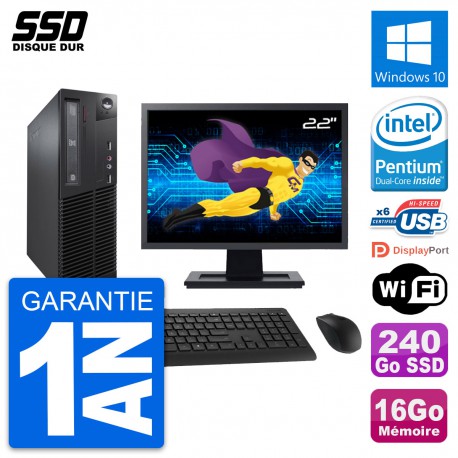 PC Lenovo M73 SFF Ecran 22" Intel G3220 RAM 16Go SSD 240Go Windows 10 Wifi