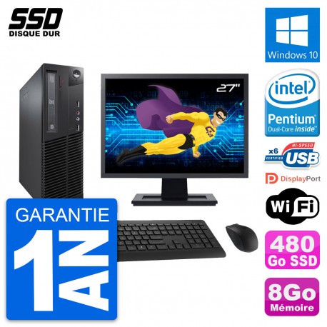 PC Lenovo M73 SFF Ecran 27" Intel G3220 RAM 8Go SSD 480Go Windows 10 Wifi
