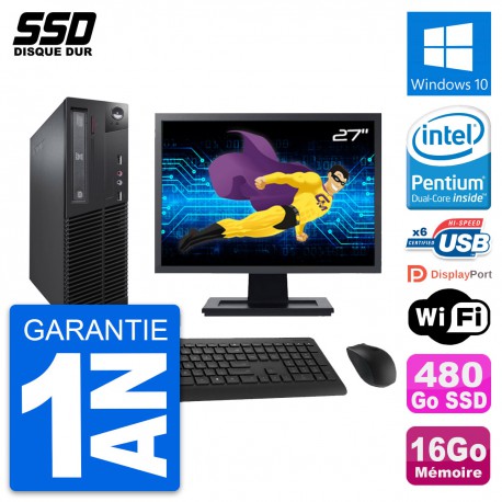 PC Lenovo M73 SFF Ecran 27" Intel G3220 RAM 16Go SSD 480Go Windows 10 Wifi