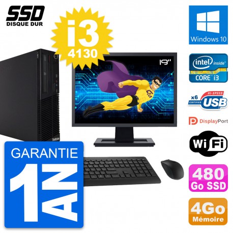 PC Lenovo M73 SFF Ecran 19" Intel i3-4130 RAM 4Go SSD 480Go Windows 10 Wifi
