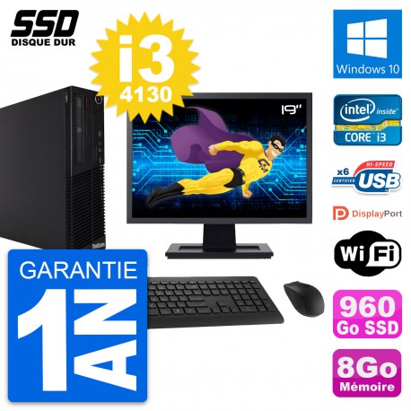 PC Lenovo M73 SFF Ecran 19" Intel i3-4130 RAM 8Go SSD 960Go Windows 10 Wifi