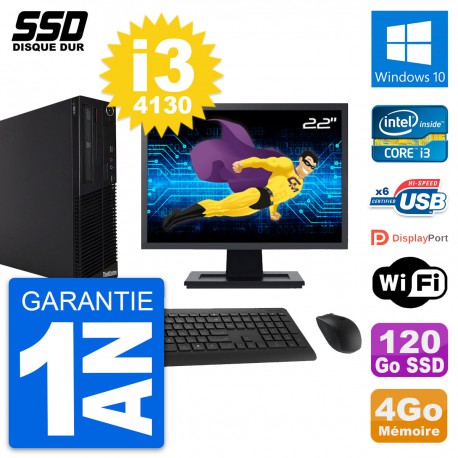 PC Lenovo M73 SFF Ecran 22" Intel i3-4130 RAM 4Go SSD 120Go Windows 10 Wifi