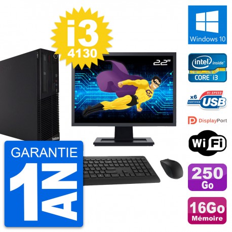 PC Lenovo M73 SFF Ecran 22" Intel i3-4130 RAM 16Go Disque 250Go Windows 10 Wifi