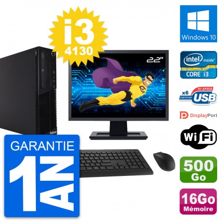 PC Lenovo M73 SFF Ecran 22" Intel i3-4130 RAM 16Go Disque 500Go Windows 10 Wifi