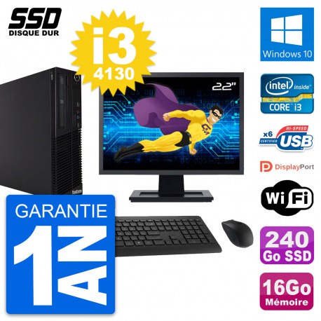 PC Lenovo M73 SFF Ecran 22" Intel i3-4130 RAM 16Go SSD 240Go Windows 10 Wifi