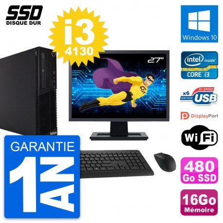 PC Lenovo M73 SFF Ecran 27" Intel i3-4130 RAM 16Go SSD 480Go Windows 10 Wifi