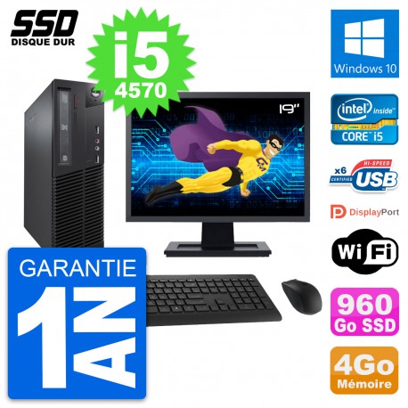 PC Lenovo M73 SFF Ecran 19" Intel i5-4570 RAM 4Go SSD 960Go Windows 10 Wifi