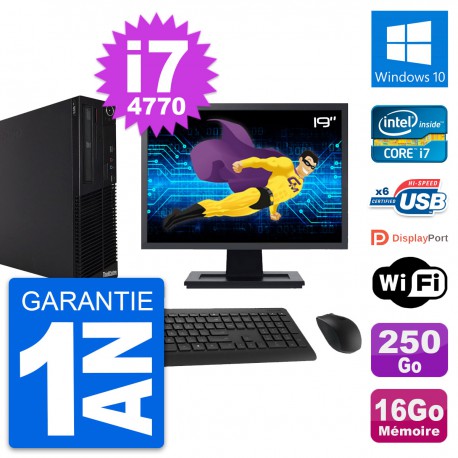 PC Lenovo M73 SFF Ecran 19" Intel i7-4770 RAM 16Go Disque 250Go Windows 10 Wifi