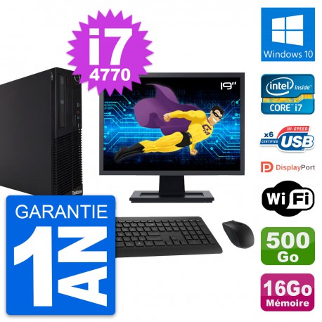 PC Lenovo M73 SFF Ecran 19" Intel i7-4770 RAM 16Go Disque 500Go Windows 10 Wifi