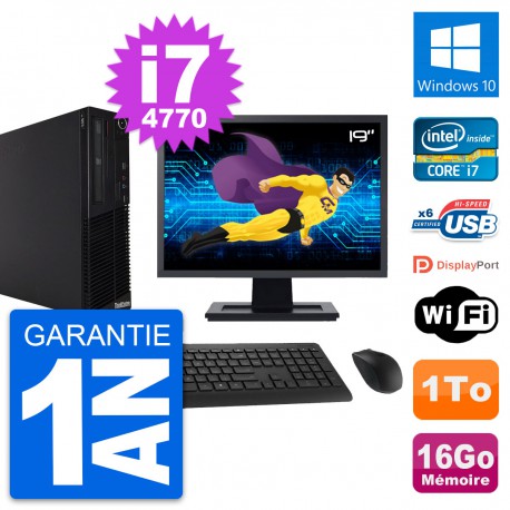 PC Lenovo M73 SFF Ecran 19" Intel i7-4770 RAM 16Go Disque 1To Windows 10 Wifi