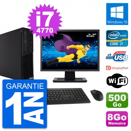 PC Lenovo M73 SFF Ecran 22" Intel i7-4770 RAM 8Go Disque 500Go Windows 10 Wifi