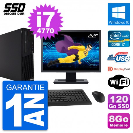 PC Lenovo M73 SFF Ecran 22" Intel i7-4770 RAM 8Go SSD 120Go Windows 10 Wifi