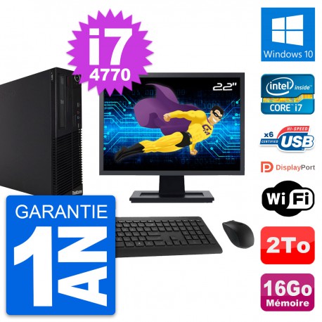 PC Lenovo M73 SFF Ecran 22" Intel i7-4770 RAM 16Go Disque 2To Windows 10 Wifi