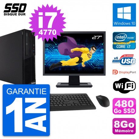 PC Lenovo M73 SFF Ecran 27" Intel i7-4770 RAM 8Go SSD 480Go Windows 10 Wifi