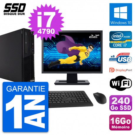 PC Lenovo M73 SFF Ecran 22" Intel i7-4790 RAM 16Go SSD 240Go Windows 10 Wifi