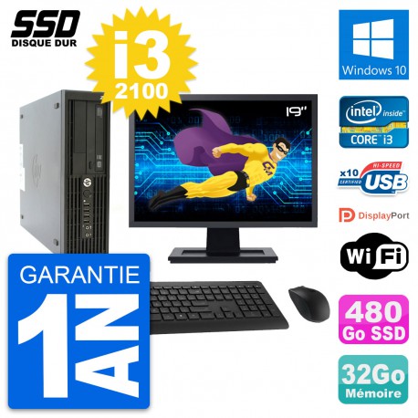 PC HP Z210 SFF Ecran 19" Intel Core i3-2100 RAM 32Go SSD 480Go Windows 10 Wifi