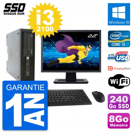 PC HP Z210 SFF Ecran 22" Intel Core i3-2100 RAM 8Go SSD 240Go Windows 10 Wifi