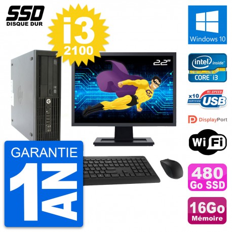 PC HP Z210 SFF Ecran 22" Intel Core i3-2100 RAM 16Go SSD 480Go Windows 10 Wifi