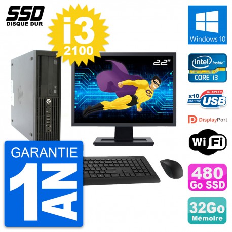 PC HP Z210 SFF Ecran 22" Intel Core i3-2100 RAM 32Go SSD 480Go Windows 10 Wifi