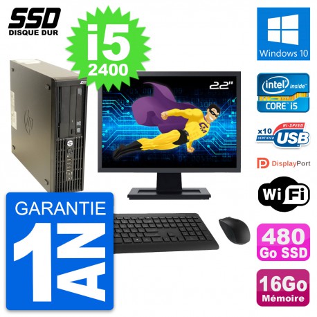 PC HP Z210 SFF Ecran 22" Intel Core i5-2400 RAM 16Go SSD 480Go Windows 10 Wifi