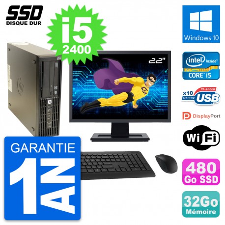 PC HP Z210 SFF Ecran 22" Intel Core i5-2400 RAM 32Go SSD 480Go Windows 10 Wifi