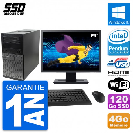 PC Tour Dell 390 MT Ecran 19" Intel G630 RAM 4Go SSD 120Go HDMI Windows 10 Wifi