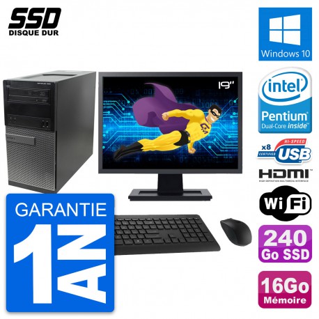 PC Tour Dell 390 MT Ecran 19" Intel G630 RAM 16Go SSD 240Go HDMI Windows 10 Wifi
