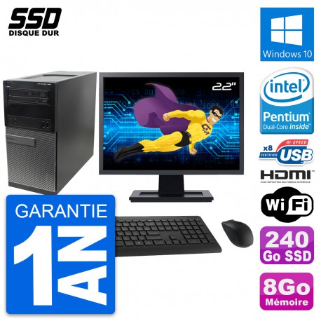 PC Tour Dell 390 MT Ecran 22" Intel G630 RAM 8Go SSD 240Go HDMI Windows 10 Wifi