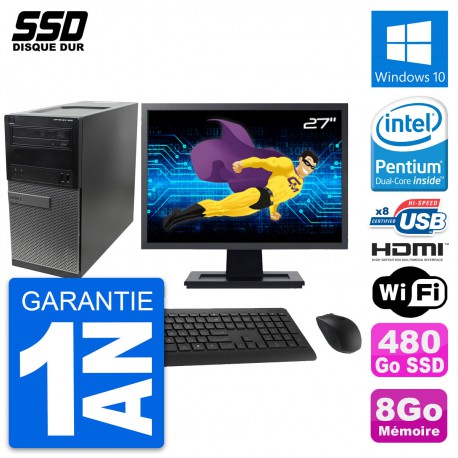 PC Tour Dell 390 MT Ecran 27" Intel G630 RAM 8Go SSD 480Go HDMI Windows 10 Wifi