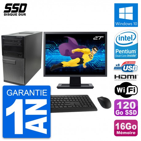 PC Tour Dell 390 MT Ecran 27" Intel G630 RAM 16Go SSD 120Go HDMI Windows 10 Wifi