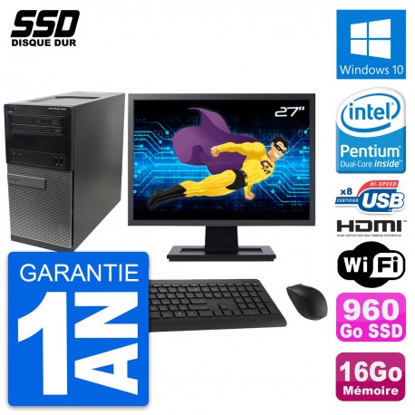 PC Tour Dell 390 MT Ecran 27" Intel G630 RAM 16Go SSD 960Go HDMI Windows 10 Wifi