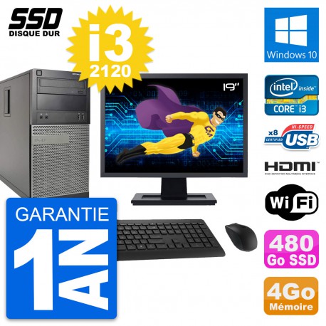 PC Tour Dell 390 MT Ecran 19" i3-2120 RAM 4Go SSD 480Go HDMI Windows 10 Wifi