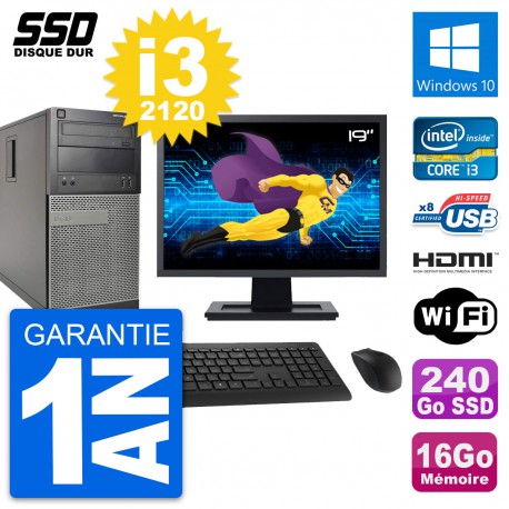 PC Tour Dell 390 MT Ecran 19" i3-2120 RAM 16Go SSD 240Go HDMI Windows 10 Wifi