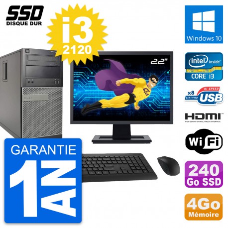 PC Tour Dell 390 MT Ecran 22" i3-2120 RAM 4Go SSD 240Go HDMI Windows 10 Wifi