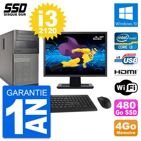 PC Tour Dell 390 MT Ecran 22" i3-2120 RAM 4Go SSD 480Go HDMI Windows 10 Wifi