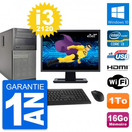 PC Tour Dell 390 MT Ecran 22" i3-2120 RAM 16Go Disque 1To HDMI Windows 10 Wifi