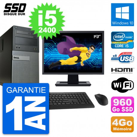 PC Tour Dell 390 MT Ecran 19" i5-2400 RAM 4Go SSD 960Go HDMI Windows 10 Wifi