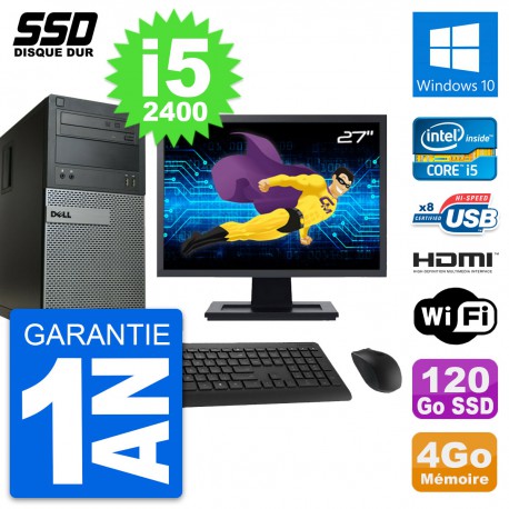 PC Tour Dell 390 MT Ecran 27" i5-2400 RAM 4Go SSD 120Go HDMI Windows 10 Wifi