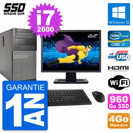 PC Tour Dell 390 MT Ecran 22" i7-2600 RAM 4Go SSD 960Go HDMI Windows 10 Wifi