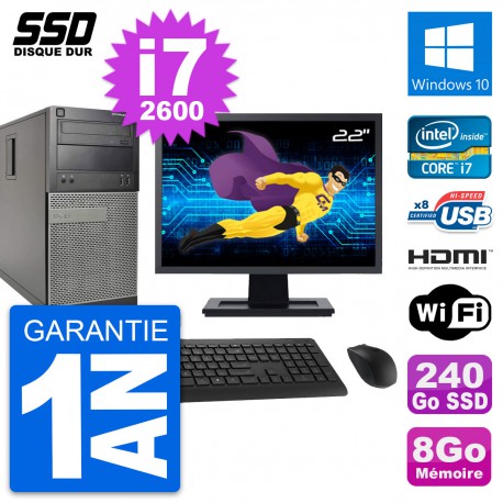PC Tour Dell 390 MT Ecran 22" i7-2600 RAM 8Go SSD 240Go HDMI Windows 10 Wifi