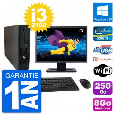 PC Fujitsu E910 DT Ecran 19" Intel i3-2100 RAM 8Go Disque 250Go Windows 10 Wifi