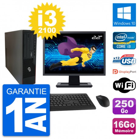 PC Fujitsu E910 DT Ecran 22" Intel i3-2100 RAM 16Go Disque 250Go Windows 10 Wifi