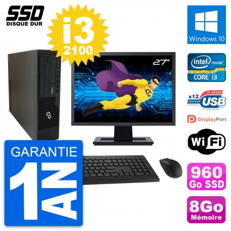 PC Fujitsu E910 DT Ecran 27" Intel i3-2100 RAM 8Go SSD 960Go Windows 10 Wifi