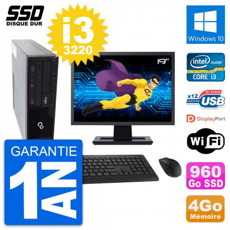 PC Fujitsu E910 DT Ecran 19" Intel i3-3220 RAM 4Go SSD 960Go Windows 10 Wifi