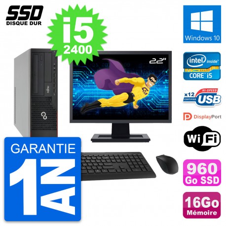 PC Fujitsu E910 DT Ecran 22" Intel i5-2400 RAM 16Go SSD 960Go Windows 10 Wifi