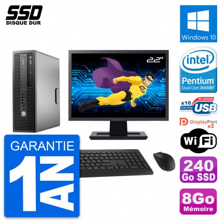 PC HP EliteDesk 800 G2 SFF Ecran 22" G4400 RAM 8Go SSD 240Go Windows 10 Wifi